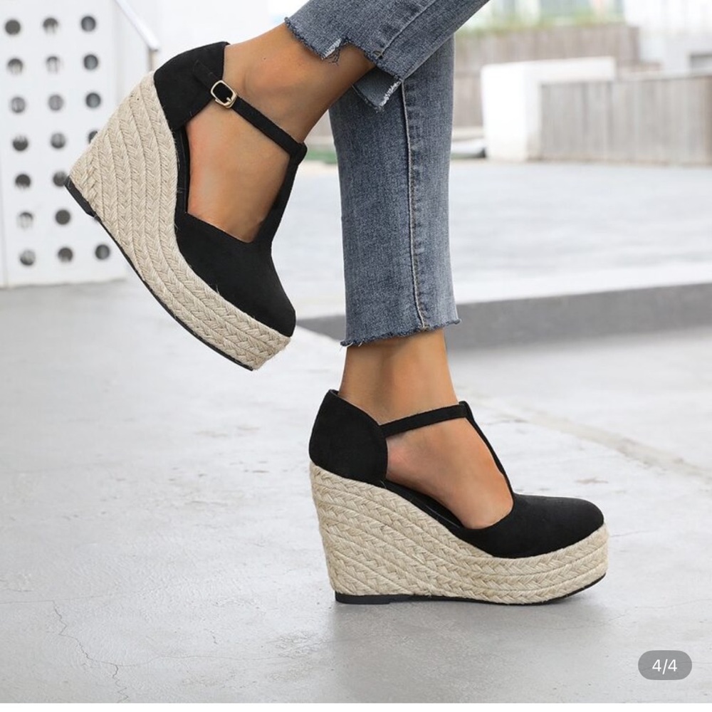 Black Espadrille Wedge Sandals - Picture 3 of 3